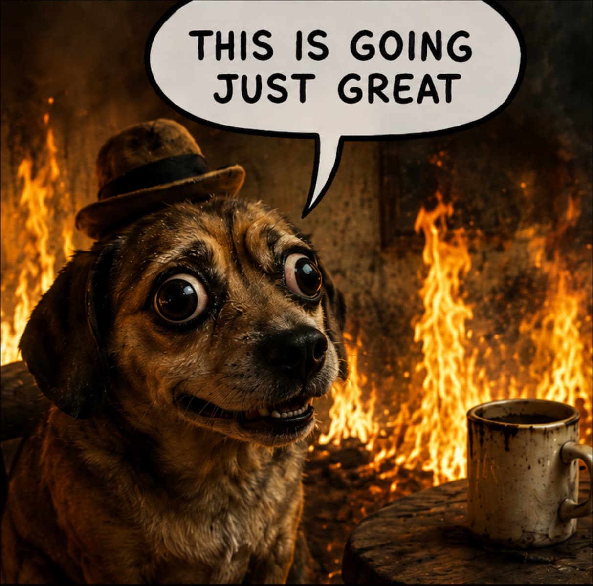 A dog in a bowler hat sits in a burning room with a coffee mug, smiling. Speech bubble: This is going just great.